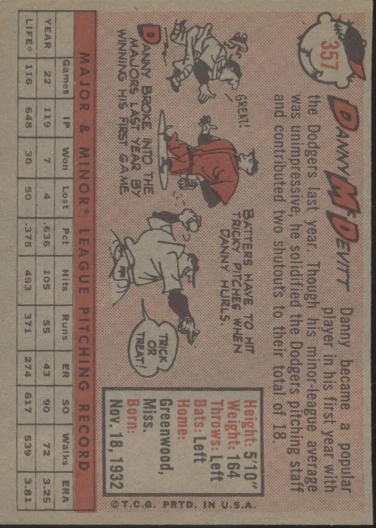 Danny McDevitt 1958 Topps RC #357 Los Angeles Dodgers EX
