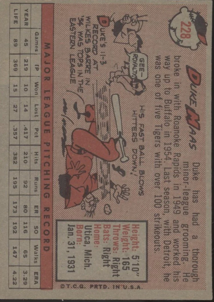 Duke Maas 1958 Topps #228 Kansas City Athletics EX