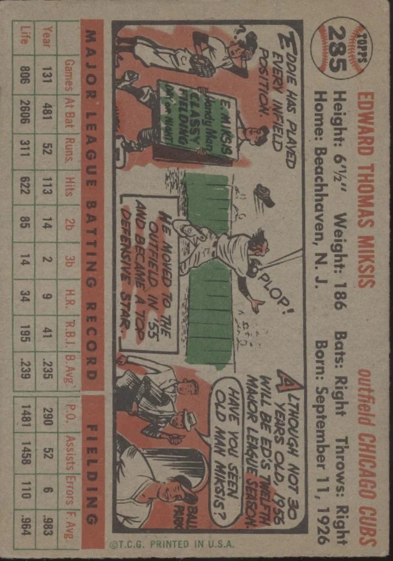 Eddie Miksis 1956 Topps Chicago Cubs #285 VG-EX