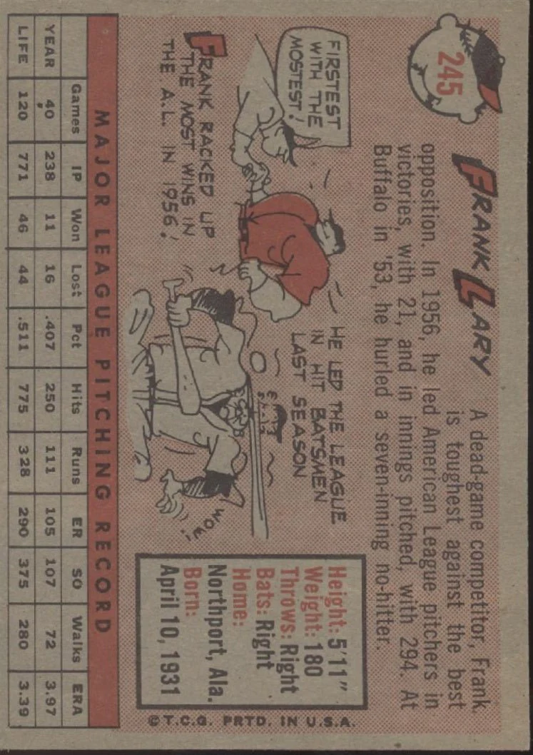 Frank Lary 1958 Topps #245 Detroit Tigers EX