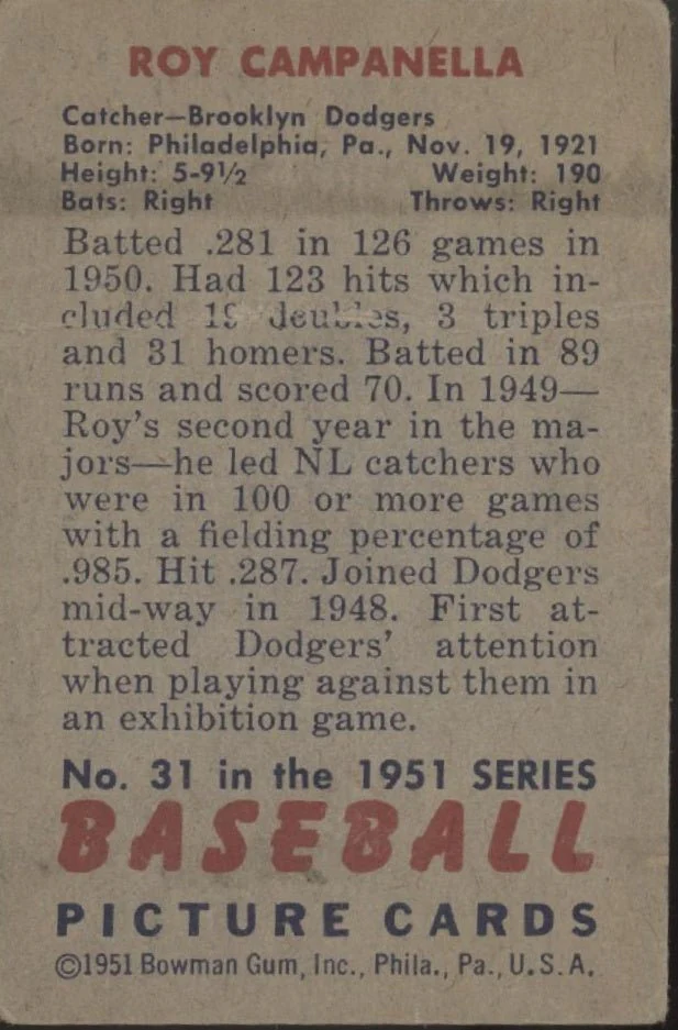 Roy Campanella 1951 Bowman #31 Brooklyn Dodgers PR