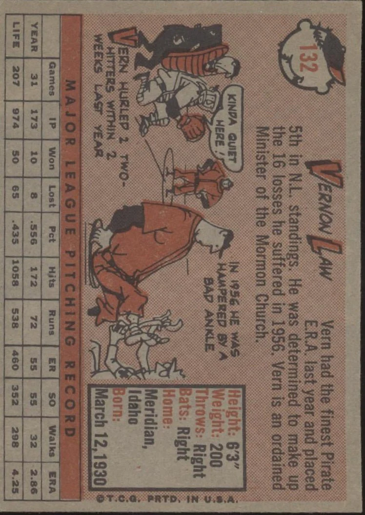 Vernon Law 1958 Topps #132 Pittsburgh Pirates EX