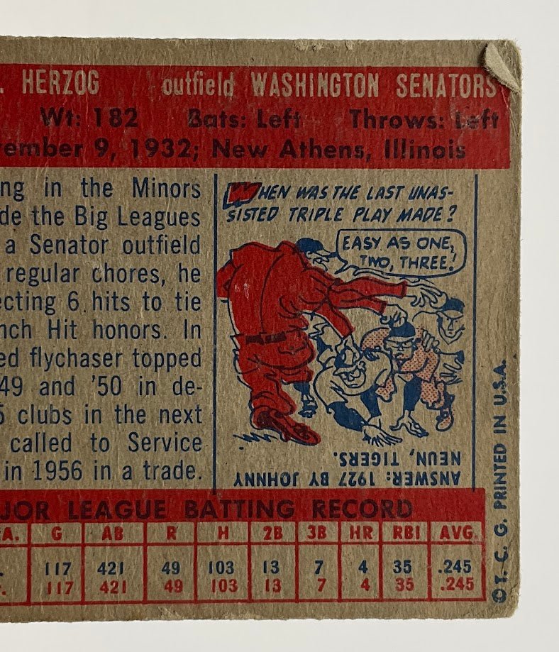 Whitey Herzog 1957 Topps RC #29 Washington Senators PR