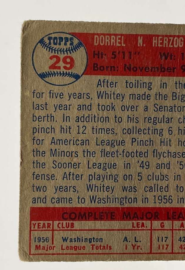 Whitey Herzog 1957 Topps RC #29 Washington Senators PR
