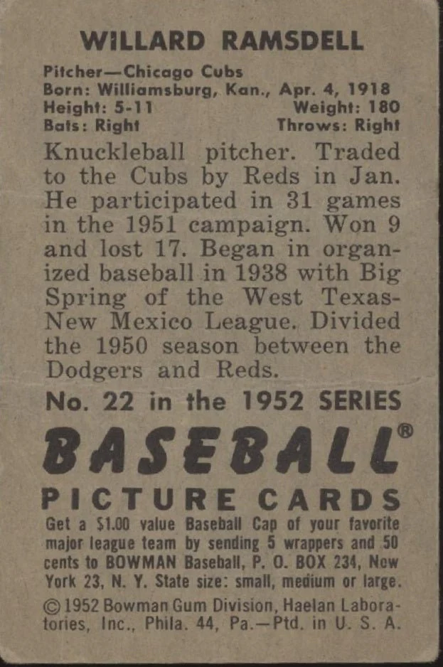 Willard Ramsdell 1952 Bowman #22 Chicago Cubs VG