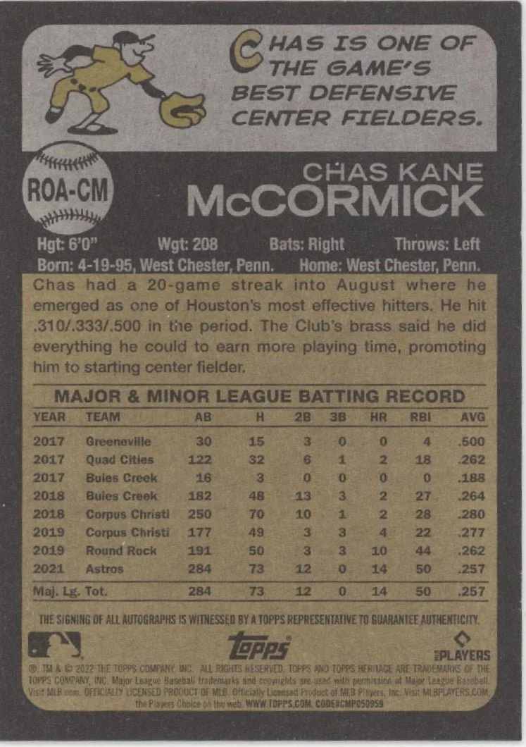 Chas McCormick 2022 Topps Heritage RC Auto 71/73 #ROA-CM