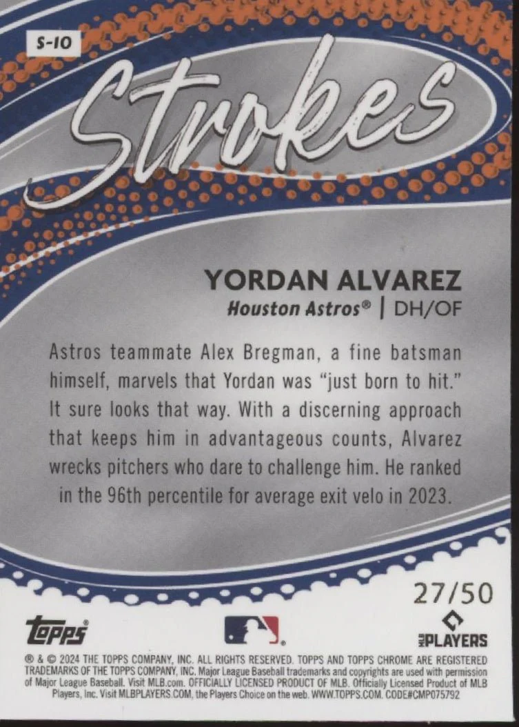 Yordan Alvarez 2024 Topps Chrome Strokes Gold Refractor 27/50 #S-10