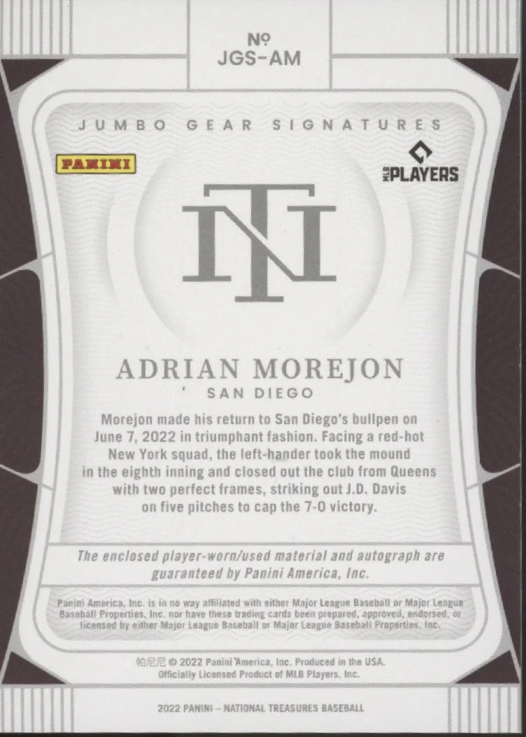 Adrian Morejon 2022 Panini National Treasures Auto 07/64 #JGS-AM