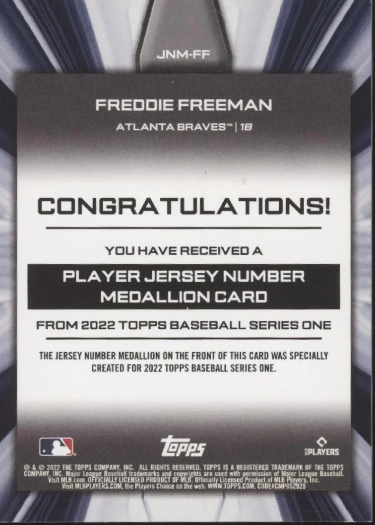 Freddie Freeman 2022 Topps Series 1 Player Jersey Number Medallion #JNM-FF