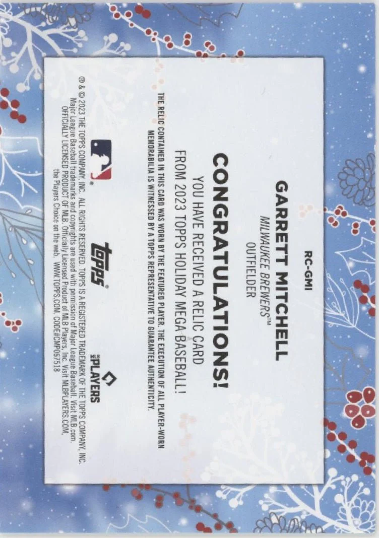 Garrett Mitchell 2023 Topps Holiday Mega Swatch RC #RC-GMI