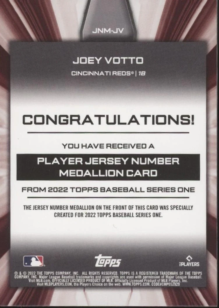 Joey Votto 2022 Topps Series 1 Player Jersey Number Medallion #JNM-JV