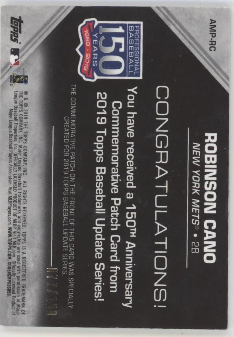 Robinson Cano 2019 Update Series 150th Anniversary Commemorative Patch 077/150