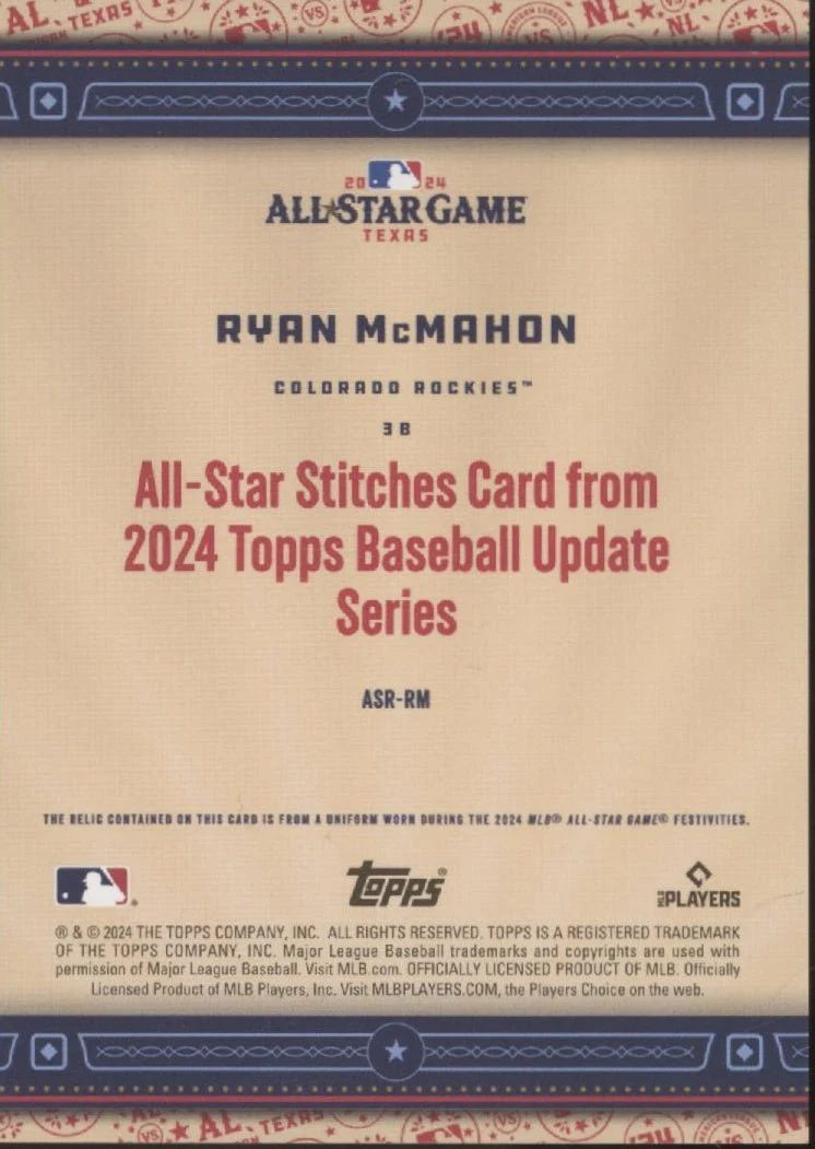 Ryan McMahon 2024 Topps Update Series All Star Stiches Swatch #ASR-RM