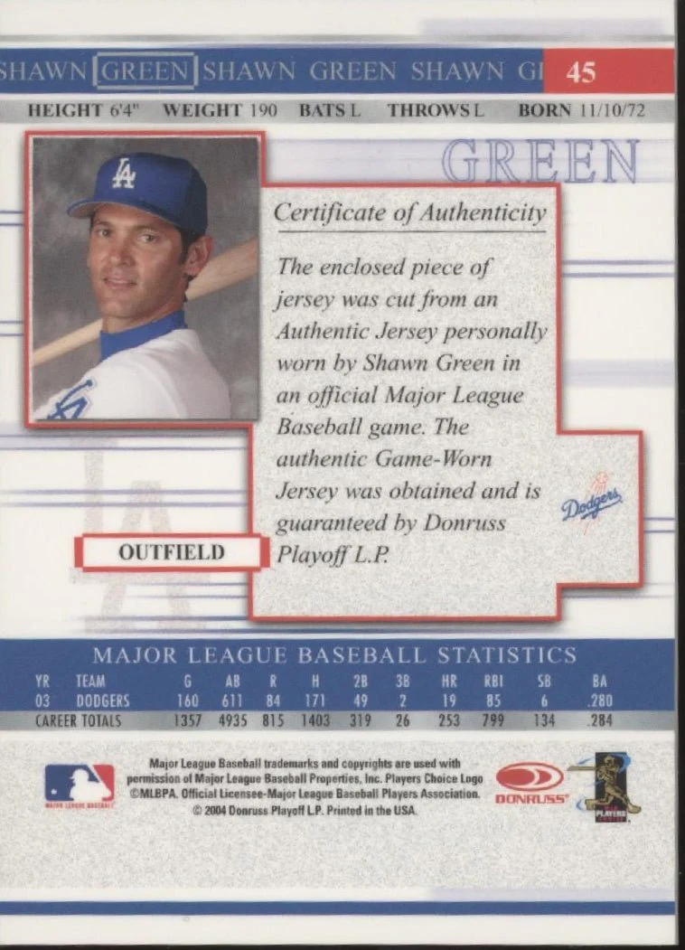 Shawn Green 2004 Donruss Timelines Swatch #45