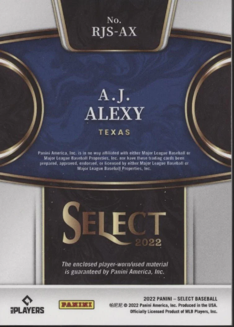 AJ Alexy 2022 Panini Select Swatch RC #RJS-AX