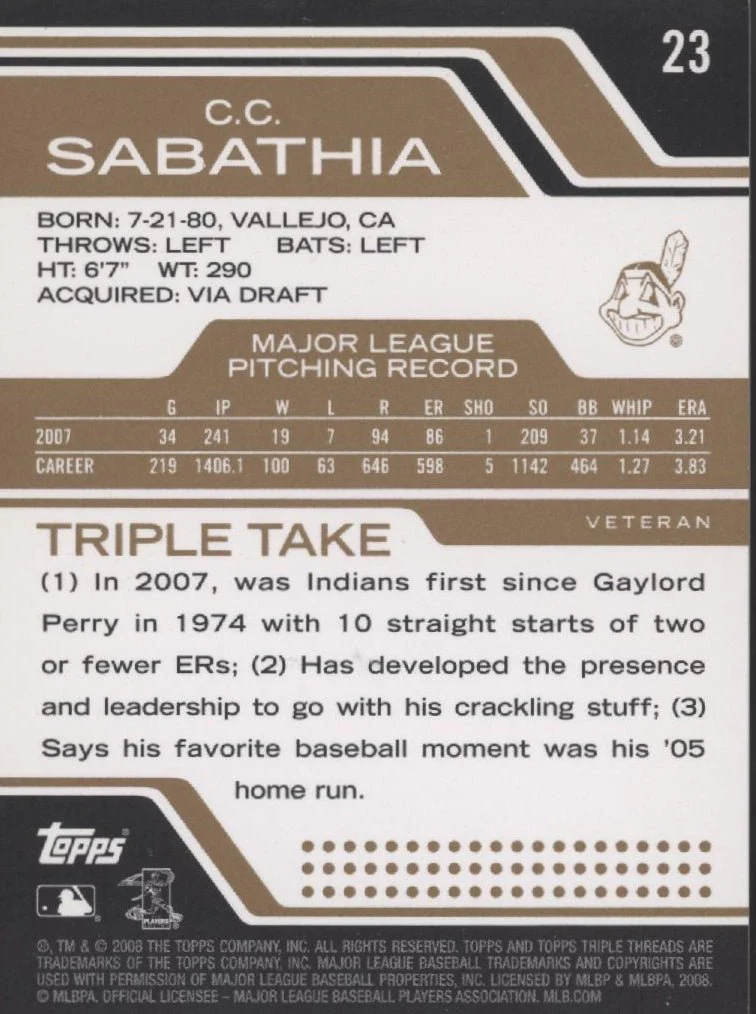 CC Sabathia 2008 Topps Triple Threads 265/525 #23
