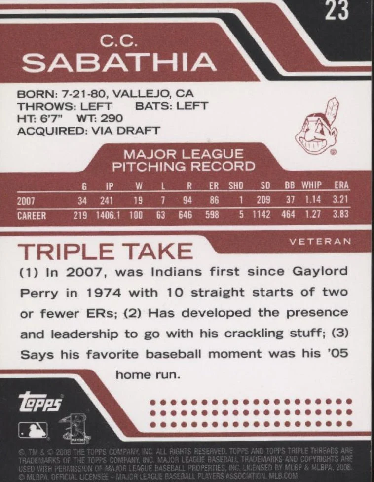 CC Sabathia 2008 Topps Triple Threads Red 0711/1350 #23