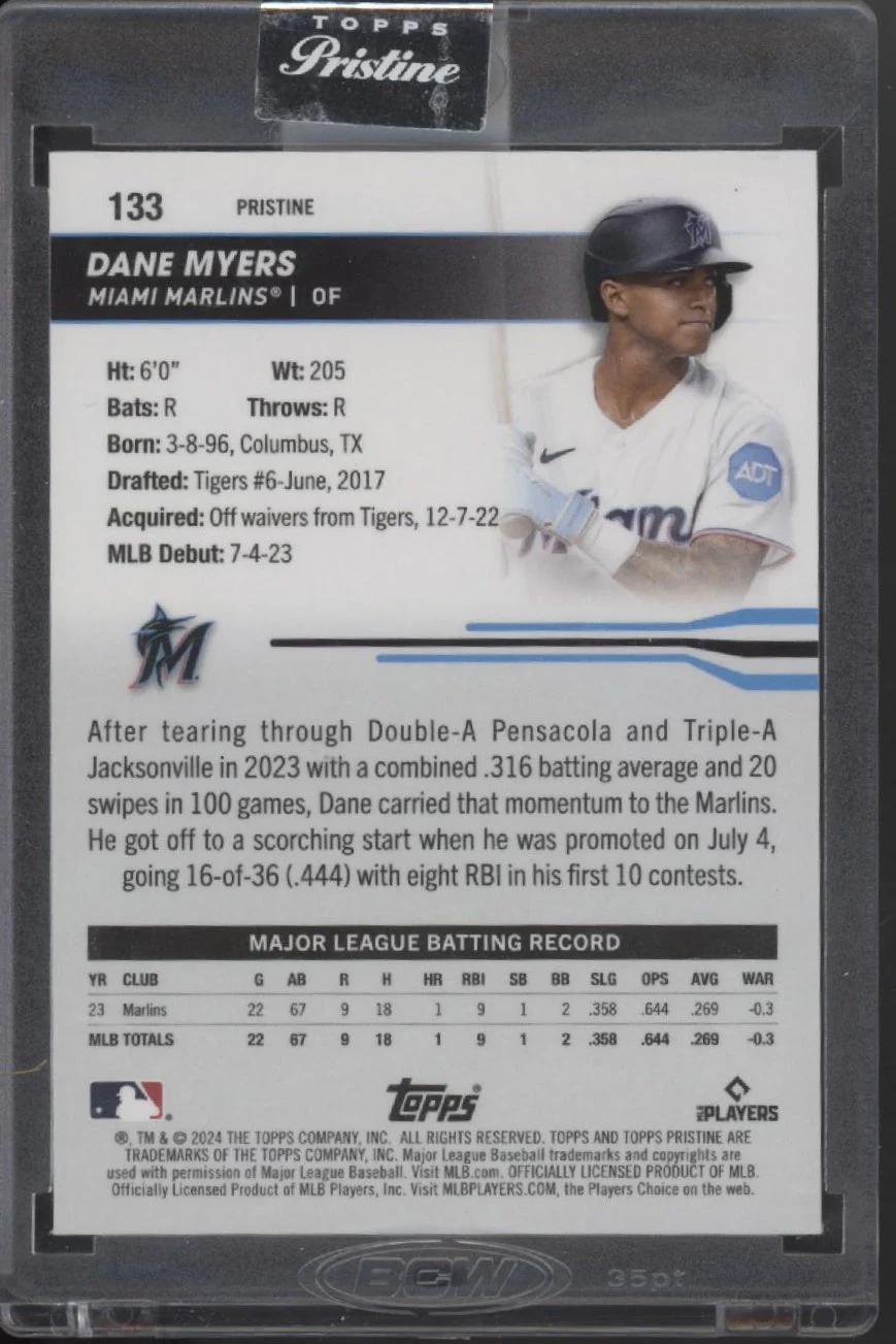 Dane Myers 2024 Topps Pristine Blue Pulsar Refractor RC 54/75 #133