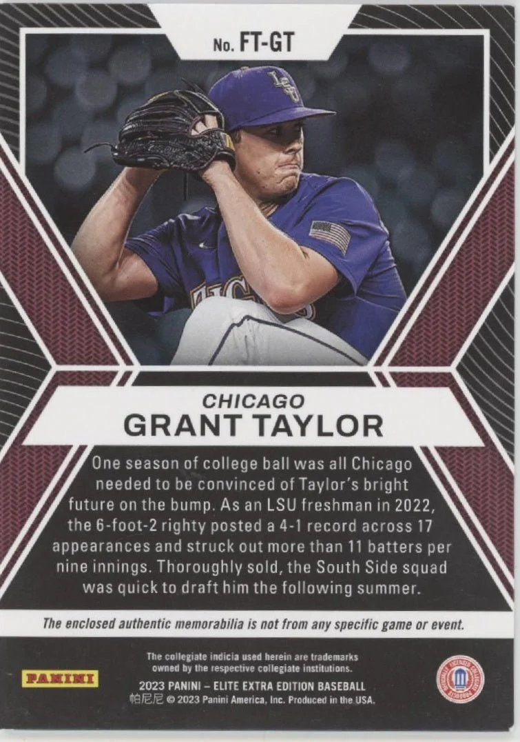Grant Taylor 2023 Panini Elite Extra Edition Future Threads Swatch #FT-GT