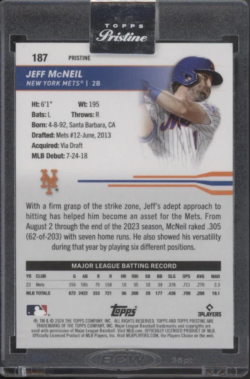 Jeff McNeil 2024 Topps Pristine Blue Pulsar Refractor 71/75 #187