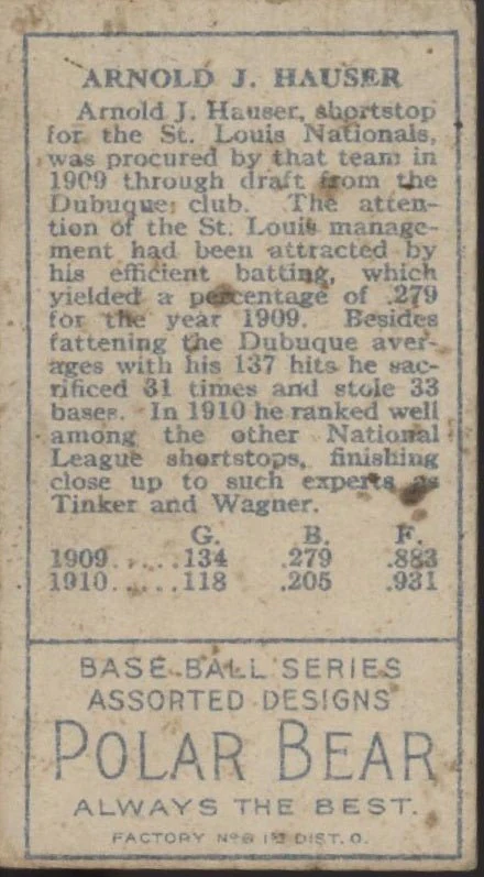 988-arnold-hauser-1911-t205-polar-bear-87-st.-louis-cardinals-vg-2.webp Arnold Hauser 1911 T205 Polar Bear #87 St. Louis Cardinals VG