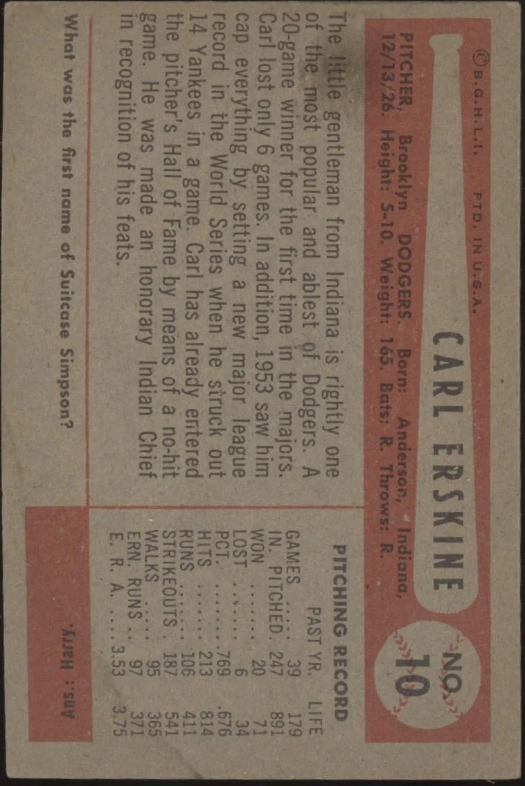 Carl Erskine 1954 Bowman #10 Brooklyn Dodgers VG